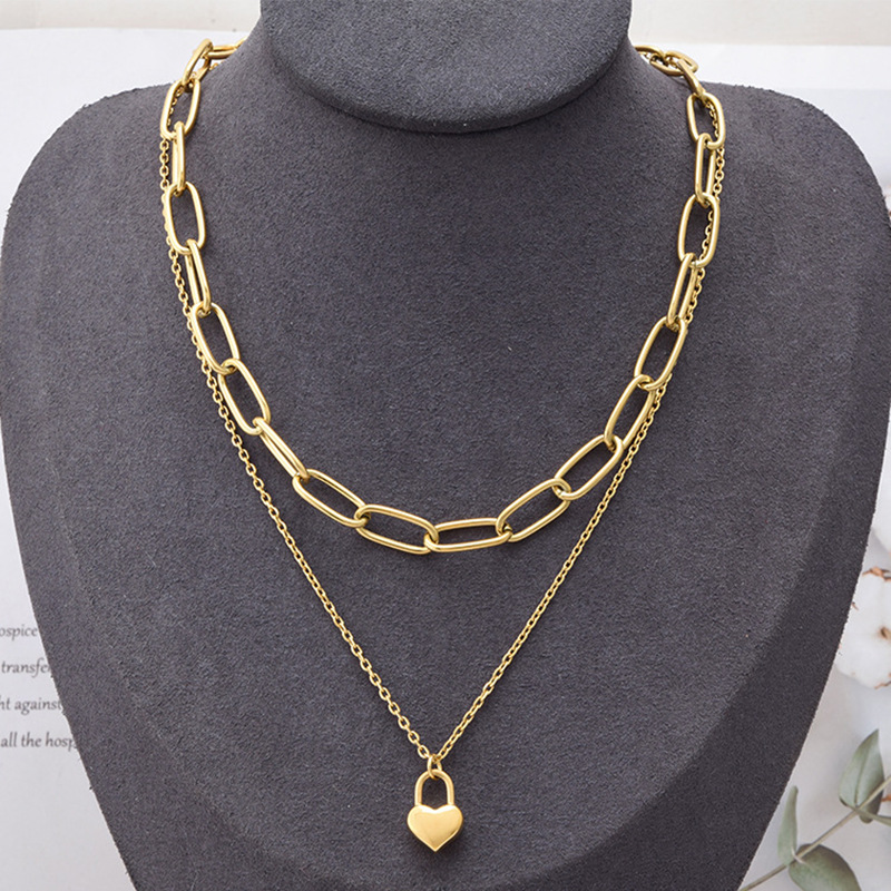 PVD Coated18K Gold Plated Double Layer Heart Lock Necklace – Waterproof Stainless Steel Chunky Chain for Women - Image 3