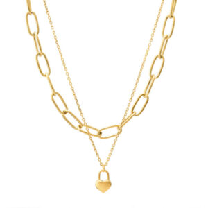PVD Coated18K Gold Plated Double Layer Heart Lock Necklace – Waterproof Stainless Steel Chunky Chain for Women