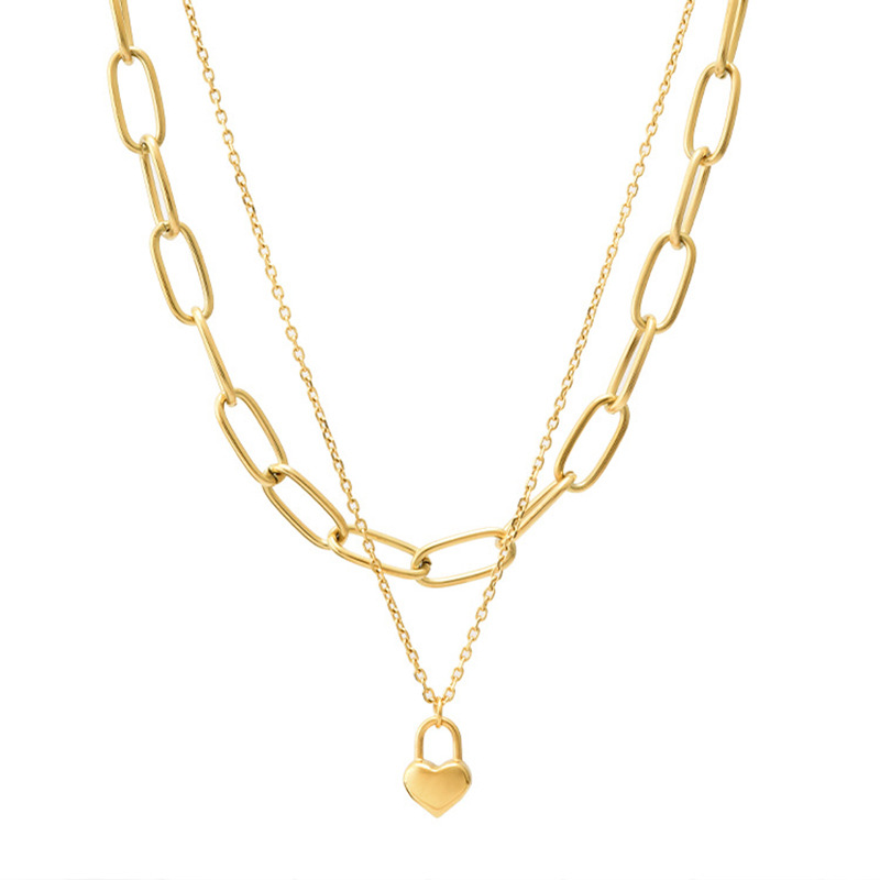 PVD Coated18K Gold Plated Double Layer Heart Lock Necklace – Waterproof Stainless Steel Chunky Chain for Women