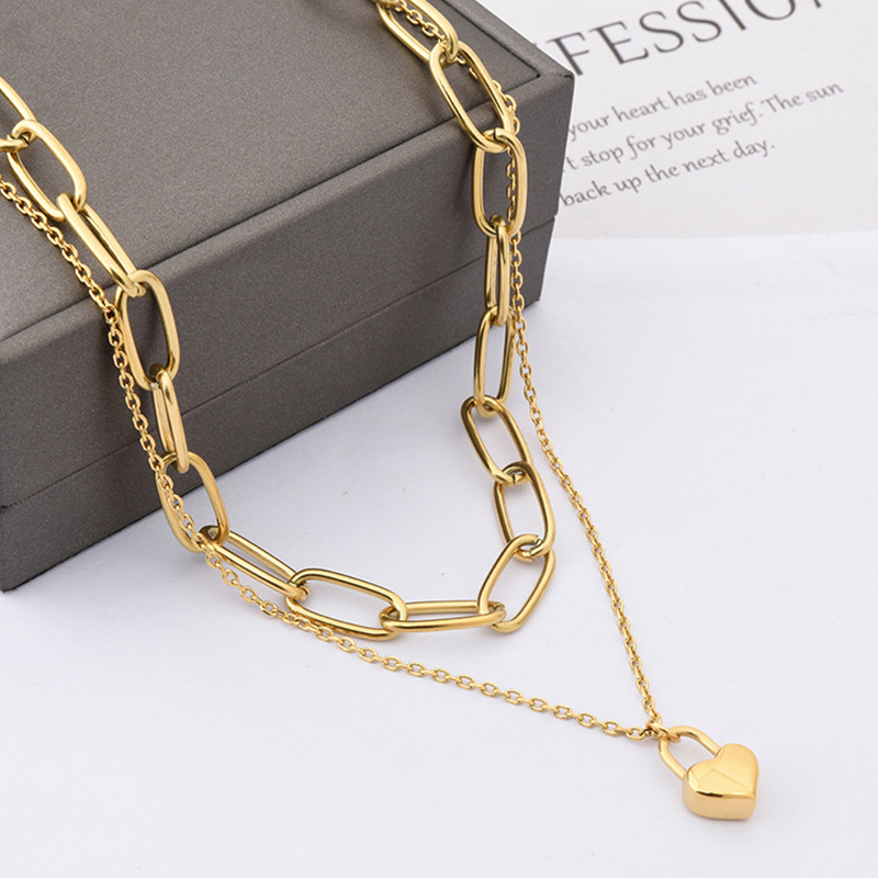 PVD Coated18K Gold Plated Double Layer Heart Lock Necklace – Waterproof Stainless Steel Chunky Chain for Women - Image 2