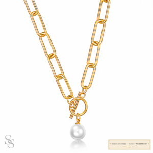 Gold paperclip chain necklace with pearl drop and toggle clasp in waterproof 18K gold plated stainless steel.