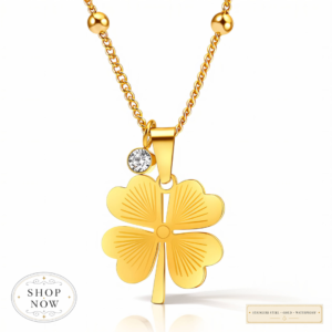 Gold Four Leaf Clover Necklace with Crystal Charm in 18K Gold Plated Stainless Steel