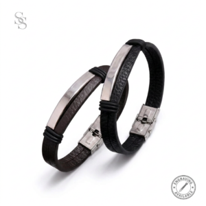 Personalised men's PU leather bracelet with stainless steel engraving plate in black and brown